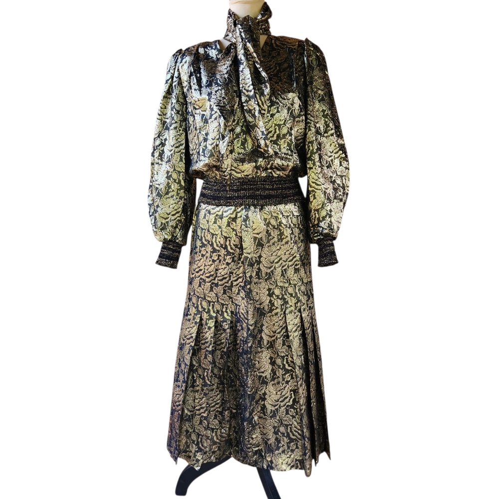 Vintage 80s Dynasty Dress Gold Metallic Brocade 3 Piece Set by Anne Crimmins